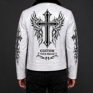 Custom White Leather Jacket Men's Gothic Cross Print Faux Fur Collar Biker Jacket <b>Winter</b> Fashion <b>Coat</b> - Product Image 6