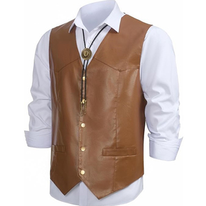 Custom Logo <b>Men</b> <b>Leather</b> Vest Cowhide <b>Leather</b> Biker <b>Waistcoat</b> Heavy Duty Button Closure Outerwear Clothing With Front Pockets - Product Image 5