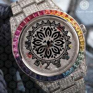 Montre ronde de luxe pour femme Charm_Jewells en acier inoxydable 38 mm, analogique à quartz, avec verre saphir et lunette arc-en-ciel, tendance - Product Image 4