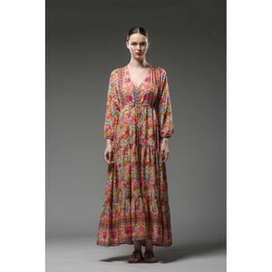 ชุดเดรสแม็กซี่ลายดอกไม้สไตล์โบโฮสำหรับผู้หญิง คอวี แขนยาว ผูกเอว ทรงหลวม สวมใส่สบาย เหมาะสำหรับฤดูร้อนและชายหาด - Product Image 1