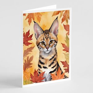 Whimsical Savannah Cat in Fall Leaves Pack de 8 A7 Tamaño 5x7 Tarjetas de notas en blanco con sobres Tarjetas de felicitación - Product Image 1