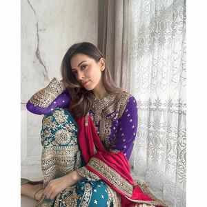 Designer Georgette Séquence Broderie Travail Style Indien Top Palazzo avec Dupatta Violet - Product Image 2