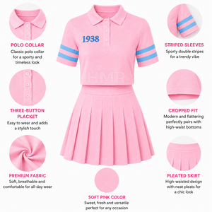 HMR Sisterhood Sorority Pink Preppy Style Women's Two Piece Set Short Sleeve <b>Cropped</b> <b>Top</b> With Pleated <b>Skirt</b> Set - Product Image 5