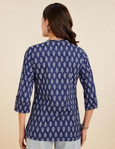 Kurta de algodón con estampado geométrico azul marino para mujer, con cuello mandarín y mangas tres cuartos, top informal - Product Image 3