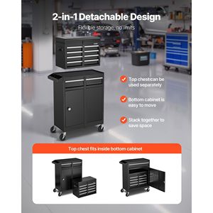 Coffre à outils roulant 2-en-1 avec 5 tiroirs, plateau supérieur amovible, boîte à outils métallique, barre de verrouillage et organisateur de doublure protectrice - Product Image 2