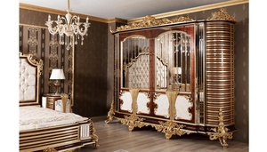 Luxury Baroque Solid Teak Wood Bedroom Set Gold Carved King Bed Mirrored Wardrobe 2 Nightstands <b>Dressing</b> Table Furniture - Product Image 5