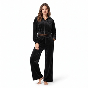 Conjunto de dos piezas de terciopelo para mujer: Top corto con cremallera, manga larga, hombros caídos y pantalón jogger de pierna ancha. Venta al por mayor. - Product Image 5
