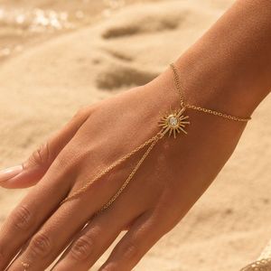 Pulsera de Cadena de Mano de Acero Inoxidable con Baño de Oro de 18K y Colgante de Rayos de Sol, Brazalete Esclavo para la Playa - Product Image 3