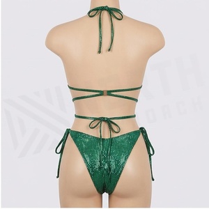 NORTH APPROACH Green Sequined 2 Piece <b>Bikini</b> <b>Set</b> Crossed Halter Top Tie Side Bottoms Women Swimwear - Product Image 2