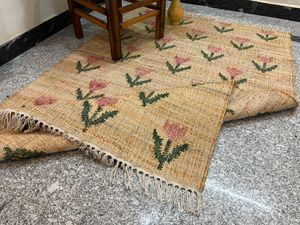 Handmade Jute Kilim <b>Rug</b> with Floral Pattern | Natural Fiber Low Pile Thin <b>Boho</b> Area <b>Rug</b> | Eco-Friendly Rustic Home Decor - Product Image 6