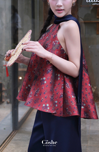 Coshe Giai Y Ao Dai Vietnam mujeres elegante brocado cuello Halter Top pierna ancha pantalones de seda hasta el suelo para mujer Natural - Product Image 5