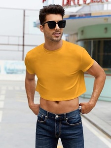 เสื้อยืดครอปผู้ชายแขนสั้นคอกลมสีทึบลำลองถักนิตติ้งทรงสลิมฟิตสีเหลือง - Product Image 1