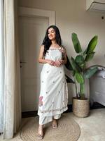 Kurti sans manches pour femme, en coton blanc brodé, imprimé numérique, séchage rapide, longueur genou, coupe classique, style ethnique traditionnel
