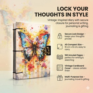 Butterfly Design A5 Handmade Paper Journal with <b>Lock</b> | Vintage Cardboard Notebook Creative Writing Diary Eco Friendly Gift Bulk - Product Image 3