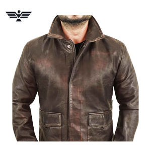 Blouson moto homme en cuir véritable marron, coupe ajustée, respirant, col montant, fermeture éclair, couleur unie, doublure coton, idéal pour l'automne - Product Image 4