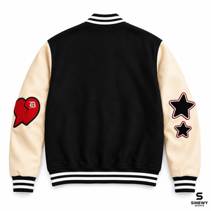 SINEWY SPORTS <b>Men's</b> Varsity <b>Jacket</b> Black Beige Embroidered <b>Letter</b> D Palm Tree Stars Heart Patch Casual Streetwear Outerwear - Product Image 2