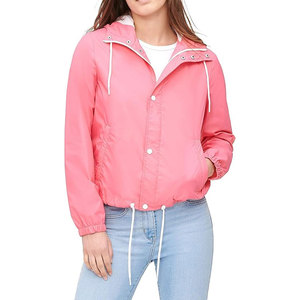 Pink Hooded Windbreaker <b>Jacket</b> With Drawstring Waist And <b>White</b> Buttons Casual Windproof Spring Outerwear For <b>Women</b> - Product Image 1