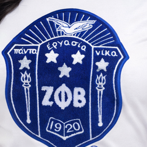 เสื้อยืดเชนิลล์สีขาว Zeta Phi Beta สำหรับผู้หญิง ปักลายตราสัญลักษณ์สมาคมนักศึกษาหญิงภาษากรีก เสื้อยืดลำลอง - Product Image 5