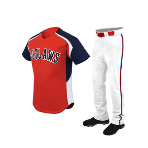 Ensemble de maillot de baseball pour homme, rouge, bleu marine et blanc, à blocs de couleur, manches courtes, respirant, en polyester, avec pantalon uniforme à braguette boutonnée - Product Image 1