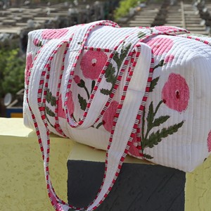 Handmade Cotton Quilted Duffle <b>Bag</b> Pink Floral Pattern <b>Large</b> Capacity Weekender Travel <b>Bag</b> - Product Image 3