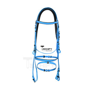 Bridon pour cheval TECHIFY en PVC bleu avec garniture noire et sangles réglables pour une conduite sécurisée, style selle anglaise - Product Image 1