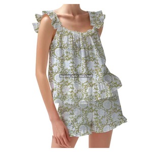New Arrival Hand Block Floral Print Shorts Pajama Set Spring/Summer Floral Fitted Strappy Ruffle <b>Trim</b> Sleeves PJ Set - Product Image 1
