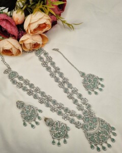 Elegant Rhodium Plated Cubic Zirconia Jewellery <b>Set</b> Multi Layer Long <b>Necklace</b> Matching <b>Earrings</b> Mangtika Partywear <b>Set</b> Wholesale - Product Image 4