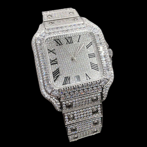 Montre-bracelet de luxe pour homme en acier inoxydable, chiffres romains, bracelet personnalisé en argent sterling serti de diamants Moissanite, verre analogique antique - Product Image 2