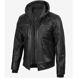 2026 Most Demanding Men's Black Genuine Leather Cow Hide Hooded Zipper Closure Waterproof Breathable Windproof <b>Slim</b> <b>Fit</b> <b>Jackets</b> - Product Image 6
