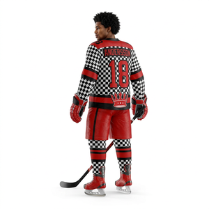 Uniforme de hockey sur glace personnalisé rouge, noir et blanc à carreaux - Ensemble de maillot, short et chaussettes de hockey sur glace avec logo couronne sublimé - Product Image 3