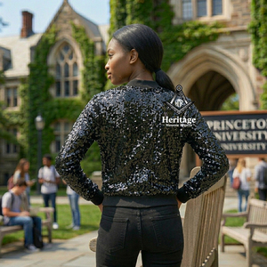 Heritage Masonic Regalia Women <b>Sequin</b> Black Glitter Varsity <b>Jacket</b> Long Sleeve Zipper Fashion Outerwear Greek Apparel - Product Image 3