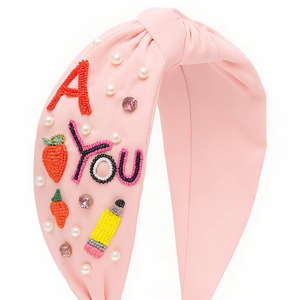 Nouveau serre-tête personnalisé A You perlé, élégant, rose, avec lettres brodées, nœud, perles et strass pour femme, idéal pour un usage quotidien ou comme cadeau. - Product Image 1