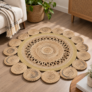 Nouveau tapis rectangulaire en jute, motif floral, tressé, à poils moyens, antidérapant, style moderne, fait main, pour chambre à coucher - Product Image 3