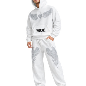 White Hooded Tracksuit Full Length Casual Jogger Set With Angel Wings Rhinestone Print Side Pockets Elastic Waist Unisex Adult - Product Image 3