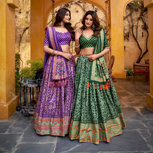 Lehenga Choli Moderno de Seda Tasar con Brillo Icónico y Borde de Encaje, Largo hasta el Suelo, para Bodas, Graduaciones y Diwali - Product Image 1