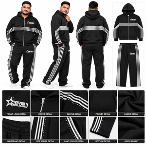 Ensemble survêtement unisexe surdimensionné à rayures avec sweat à capuche zippé et pantalon de jogging orné de strass, style streetwear, marque privée, vente en gros - Product Image 6