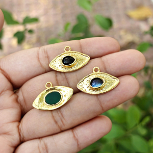 Componentes de joyería de latón macizo: Eslabones de pulsera con forma de ojo texturizados martillados en oro y ónix verde, y eslabones de pulsera con piedra ovalada. Ideales para regalos. - Product Image 5