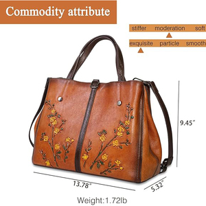 Sac fourre-tout en cuir véritable pour femme avec broderie florale, style vintage, bandoulière, sac à main décontracté, fermeture à boucle durable - Product Image 2