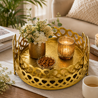 Plateau de service rond en fer décoratif moderne multifonctionnel avec poignées |   Plateau de service en métal doré