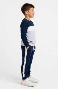 Ensemble de survêtement décontracté pour garçons, sweat-shirt à blocs de couleur bleu marine et blanc, manches longues, col rond, 100 % coton, poches latérales, cordon de serrage - Product Image 3