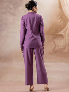 Conjunto de pijama para mujer de algodón puro estampado, camisa de algodón puro estampada con pantalón, conjunto morado bordado - Product Image 2