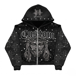 <b>White</b> Zip Up Hoodie Rhinestone CUSTOM Letter Print Oversized Crop Streetwear Unisex Hooded <b>Sweatshirt</b> - Product Image 3