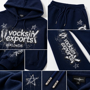 Vocksin Ensemble de survêtement pour femme en molleton bleu marine à séchage rapide, avec sweat à capuche et pantalon large en coton, style streetwear graffiti - Product Image 4