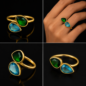 Wholesale 18K Gold Plated Brass Dual <b>Stone</b> Trendy Pear Lab Created Zircon Bezel Setting Adjustable Certified Women's <b>Ring</b> - Product Image 4