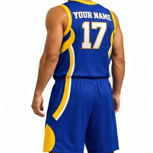 Ensemble d'uniformes de basketball personnalisés pour hommes – Maillot et short sublimés en tissu polyester premium, taille élastique, confortables pour l'été, grandes tailles - Product Image 3