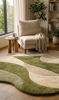 Tapis moderne abstrait en laine tuftée à la main, antidérapant, à poils moyens (10-14 mm), avec support en toile de coton, vert doux