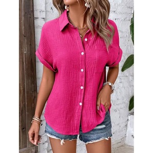 Women Casual Cotton <b>Blouse</b> Vintage Summer <b>Short</b> <b>Sleeve</b> Slim Shirt Elegant Turn Down <b>Collar</b> Solid Casual Loose Fit Breathable - Product Image 4