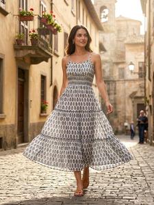 <b>Boho</b> Hand Block Printed 100% Cotton Maxi <b>Dress</b> Women Sleeveless Smocked <b>Summer</b> Floral Tiered Jaipur Wholesale Loosefit - Product Image 2