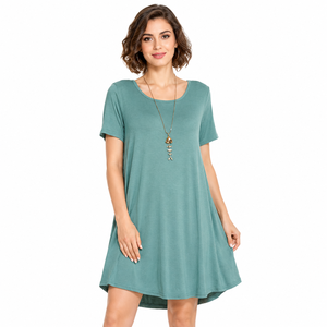 Robe décontractée pour femme, col rond, drapée, longueur genou, éco-responsable, manches courtes, coupe ample, ligne A, couleur unie, usage quotidien, vente en gros - Product Image 1