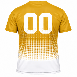 T-shirt de sport pour homme à manches courtes et col rond, imprimé par sublimation, dégradé jaune moutarde et blanc, personnalisable pour l'entraînement et la performance - Product Image 2